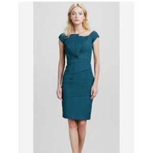 Halston Heritage Teal Textured Cap Sleeve Sheath Dress Size 2 Cocktail Holiday
